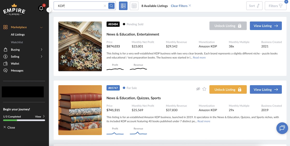 Empire Flippers is the best marketplace to buy an established Amazon KDP business with a lot of revenue.