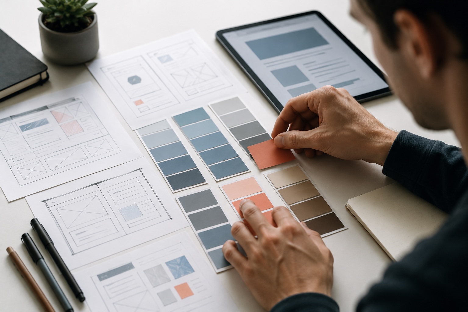 Designer choosing color swatches and layout wireframes for a BigCommerce store theme