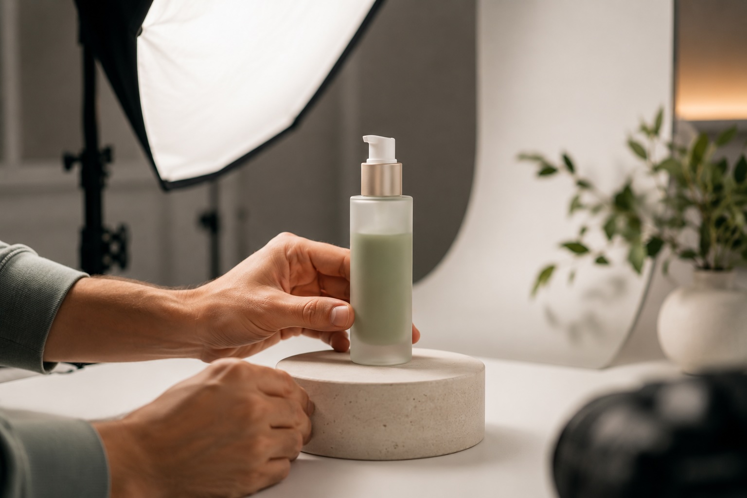 Product photography of a skincare bottle in a home studio for a BigCommerce dropshipping store