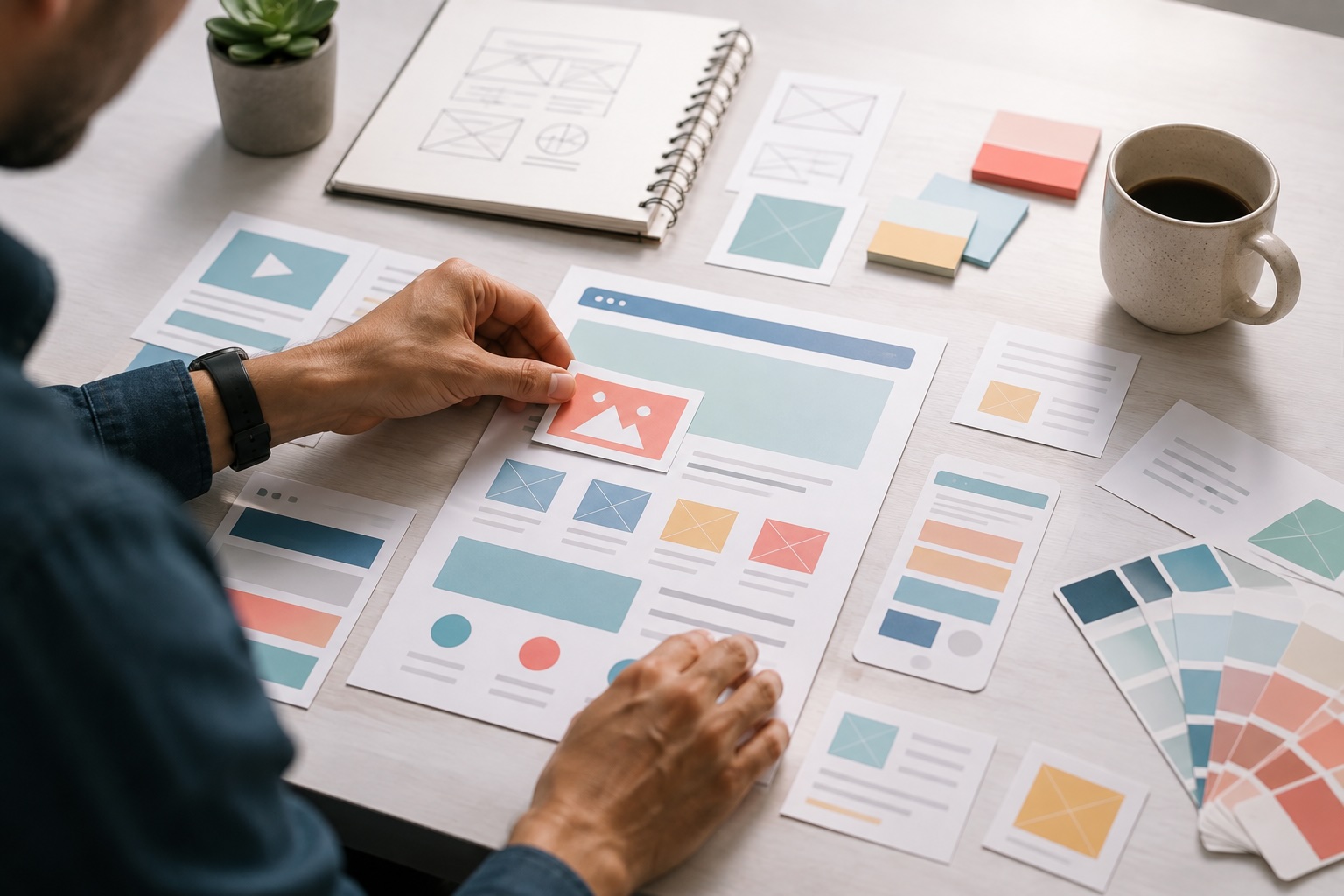 Designer arranging colorful website layout cards and color swatches to mock up a Wix store template