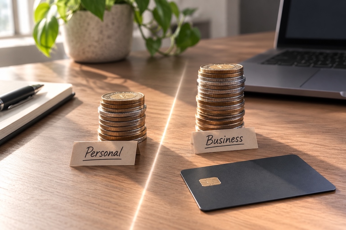 Two coin stacks labeled personal and business with a business card on a desk, showing how an LLC separates business and personal finances for dropshipping