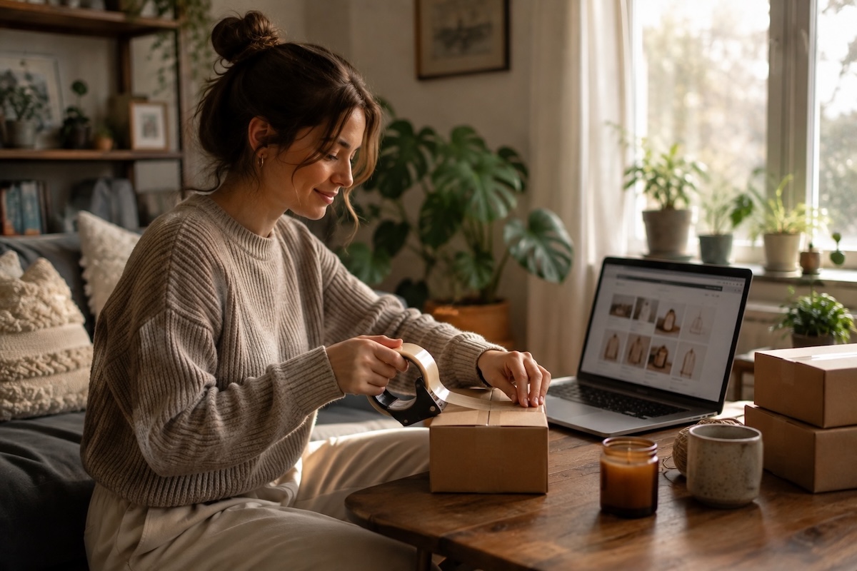 Woman sealing a parcel at home beside a laptop showing her online store, illustrating that you can start dropshipping as a sole proprietor without an LLC