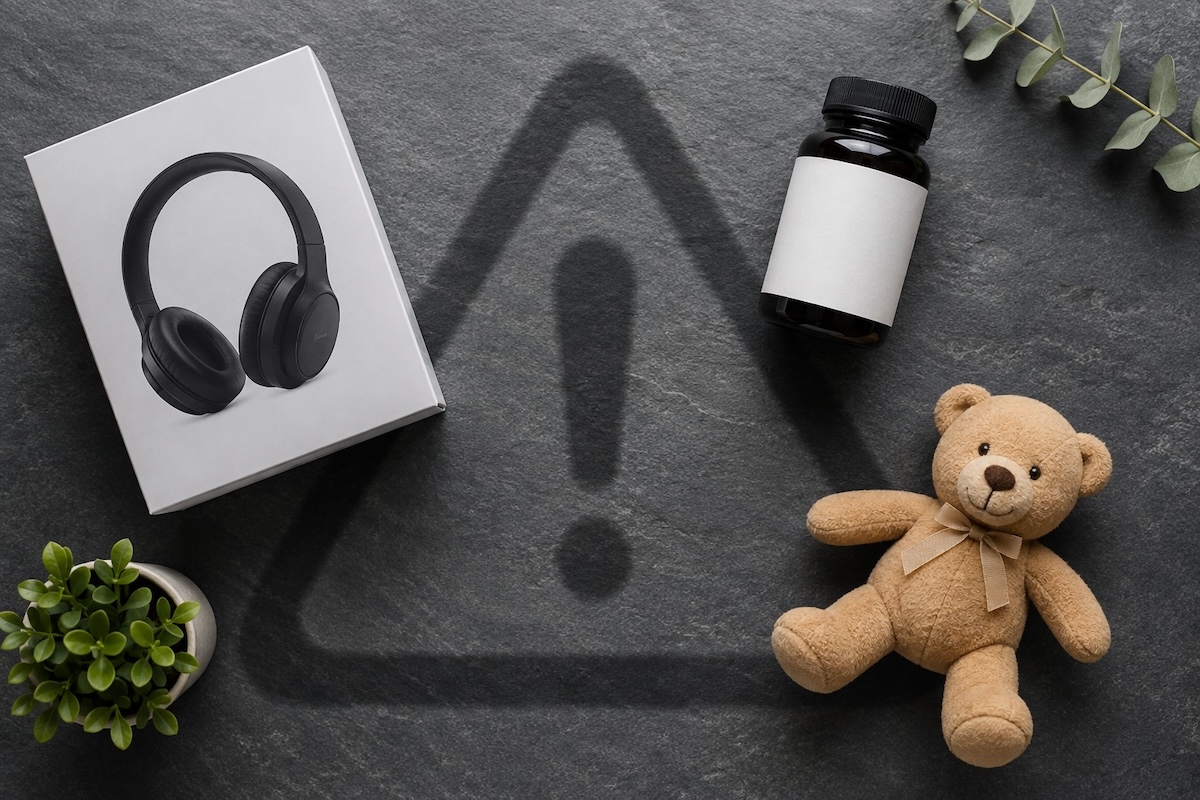 Headphones, a supplement bottle, and a teddy bear on slate under a warning-triangle shadow, showing higher-risk dropshipping products that make an LLC more important