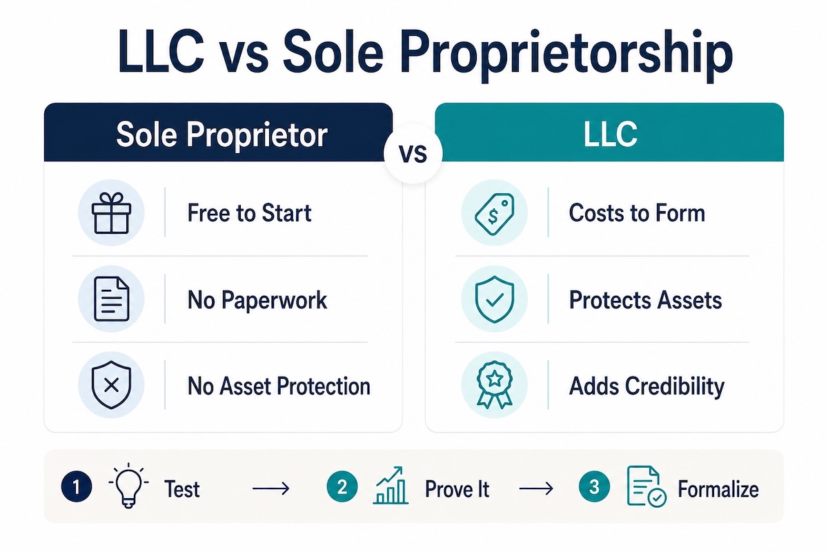 Infographic comparing LLC and sole proprietorship for dropshipping, listing cost, paperwork, asset protection, credibility, and a test, prove it, formalize path