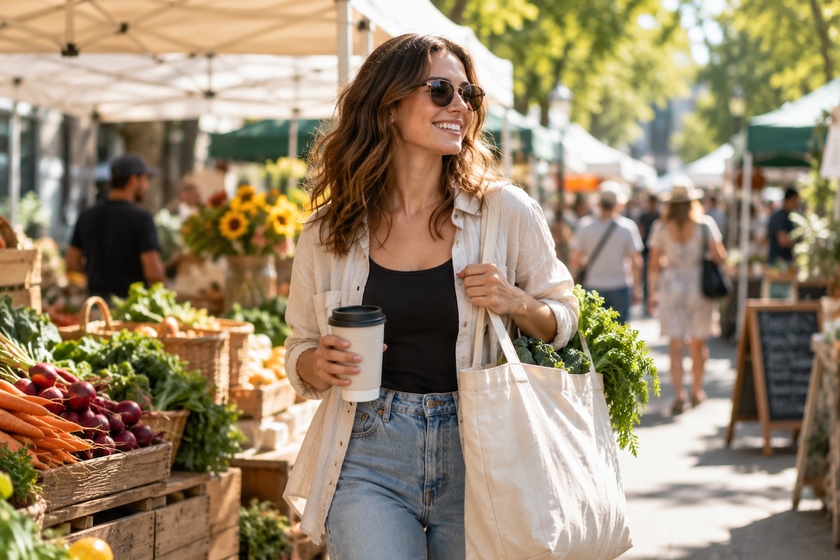 A values-driven shopper carrying reusable products, the target eco dropshipping customer