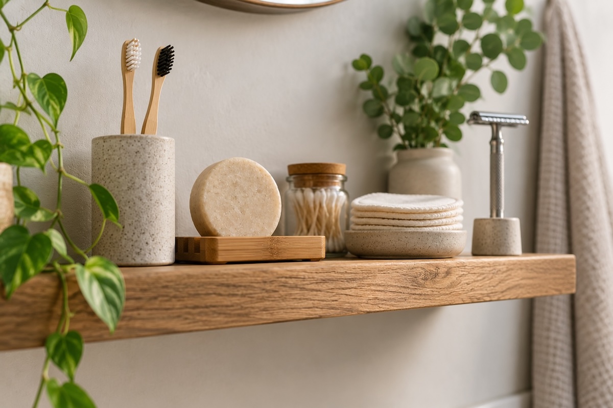 Plastic-free personal care items on a bathroom shelf for an eco dropshipping store