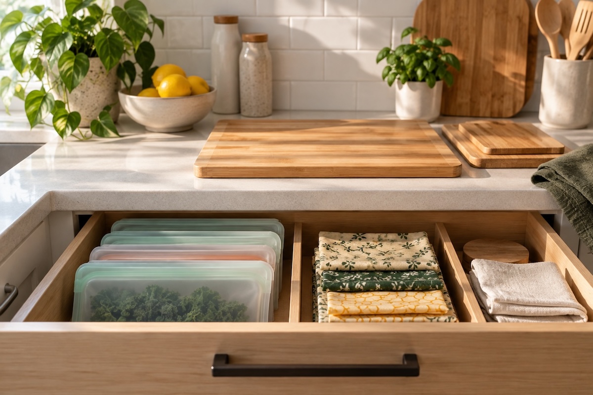 Sustainable kitchen products including bamboo boards and beeswax wraps on a counter