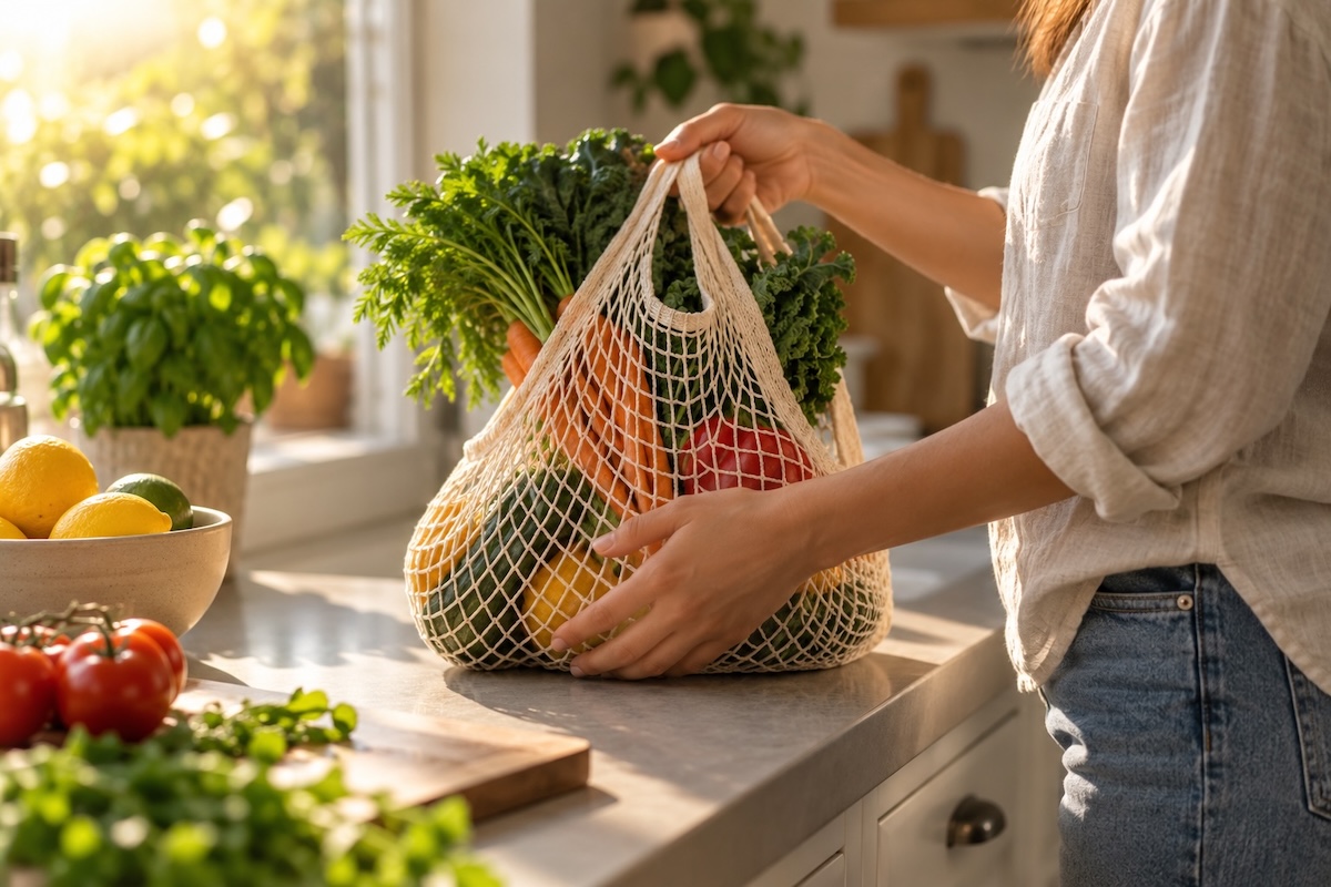 Hands holding a reusable produce bag, an eco-friendly dropshipping product in use