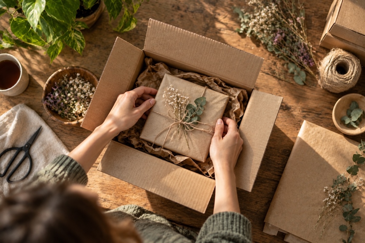 Eco-friendly product packed in recycled packaging showing a transparent brand story