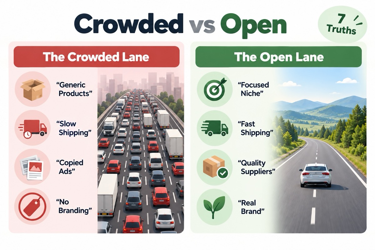 Infographic comparing the crowded dropshipping lane with the open opportunity lane