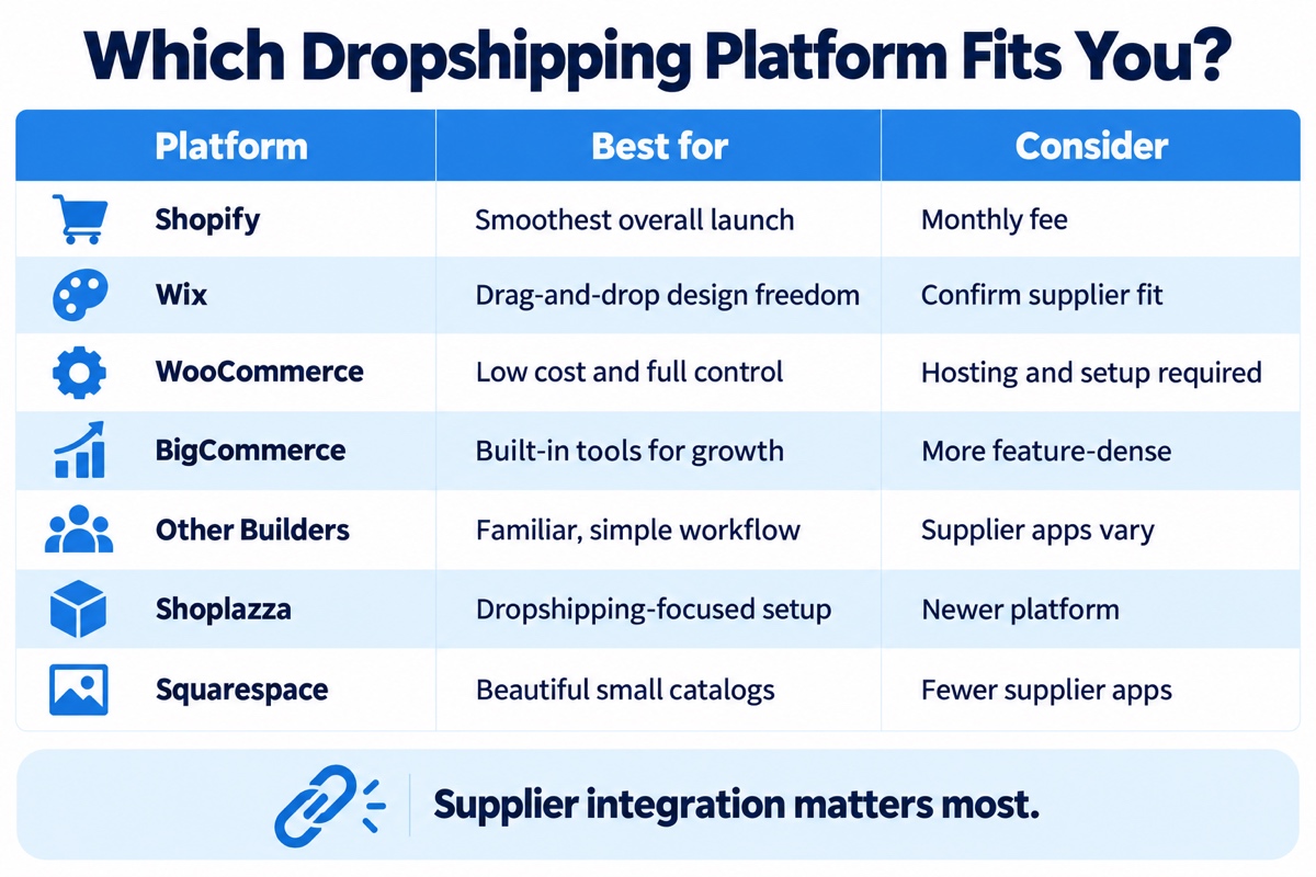 Decision matrix comparing seven beginner dropshipping platforms by best fit and key consideration.