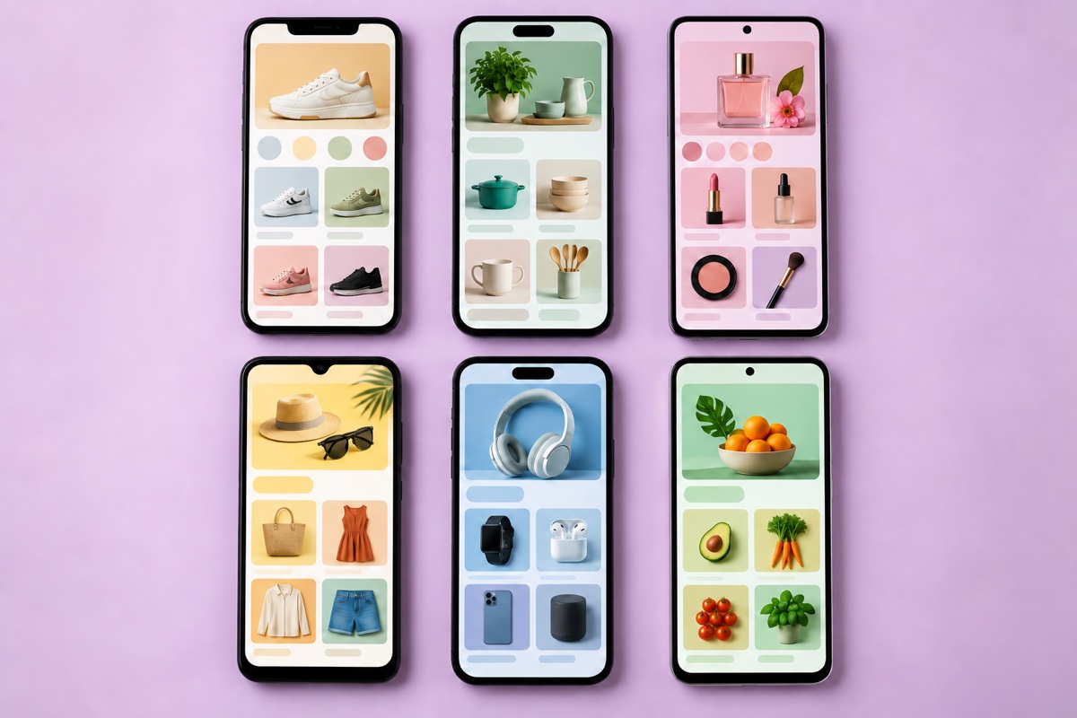 Grid of smartphones showing different easy dropshipping platform storefronts