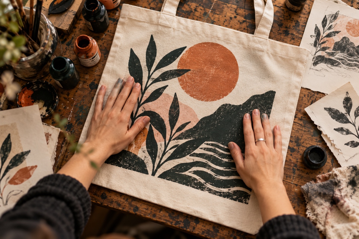 Artist pressing a custom printed tote bag, illustrating print on demand product customization