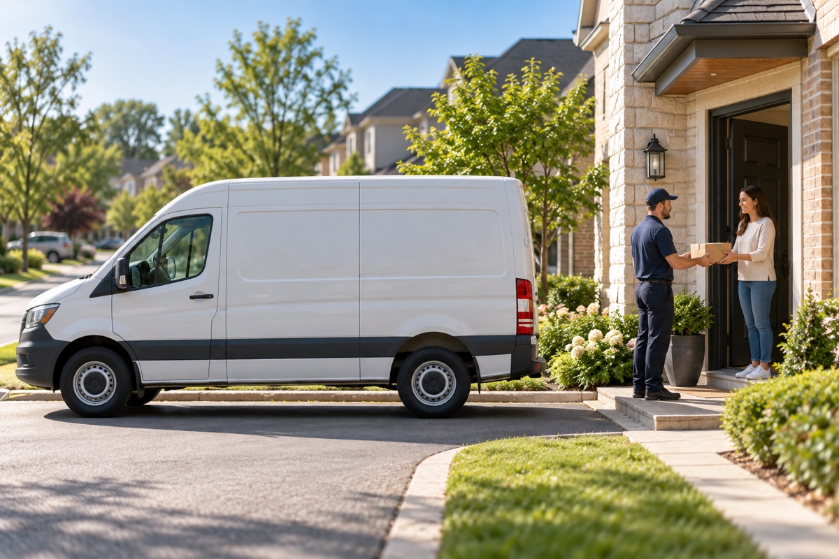 Courier delivering a package quickly, representing fast dropshipping fulfillment in 2026