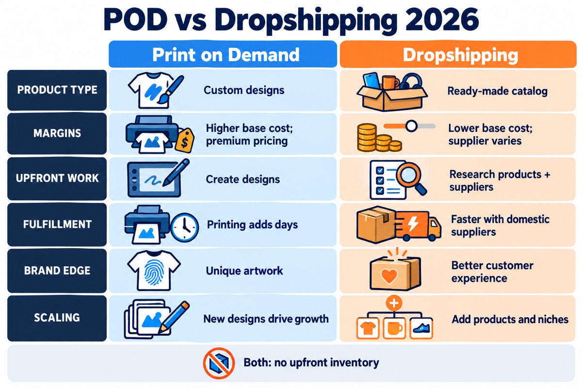 POD versus dropshipping comparison showing differences in products, margins, startup work, fulfillment, branding, and scaling