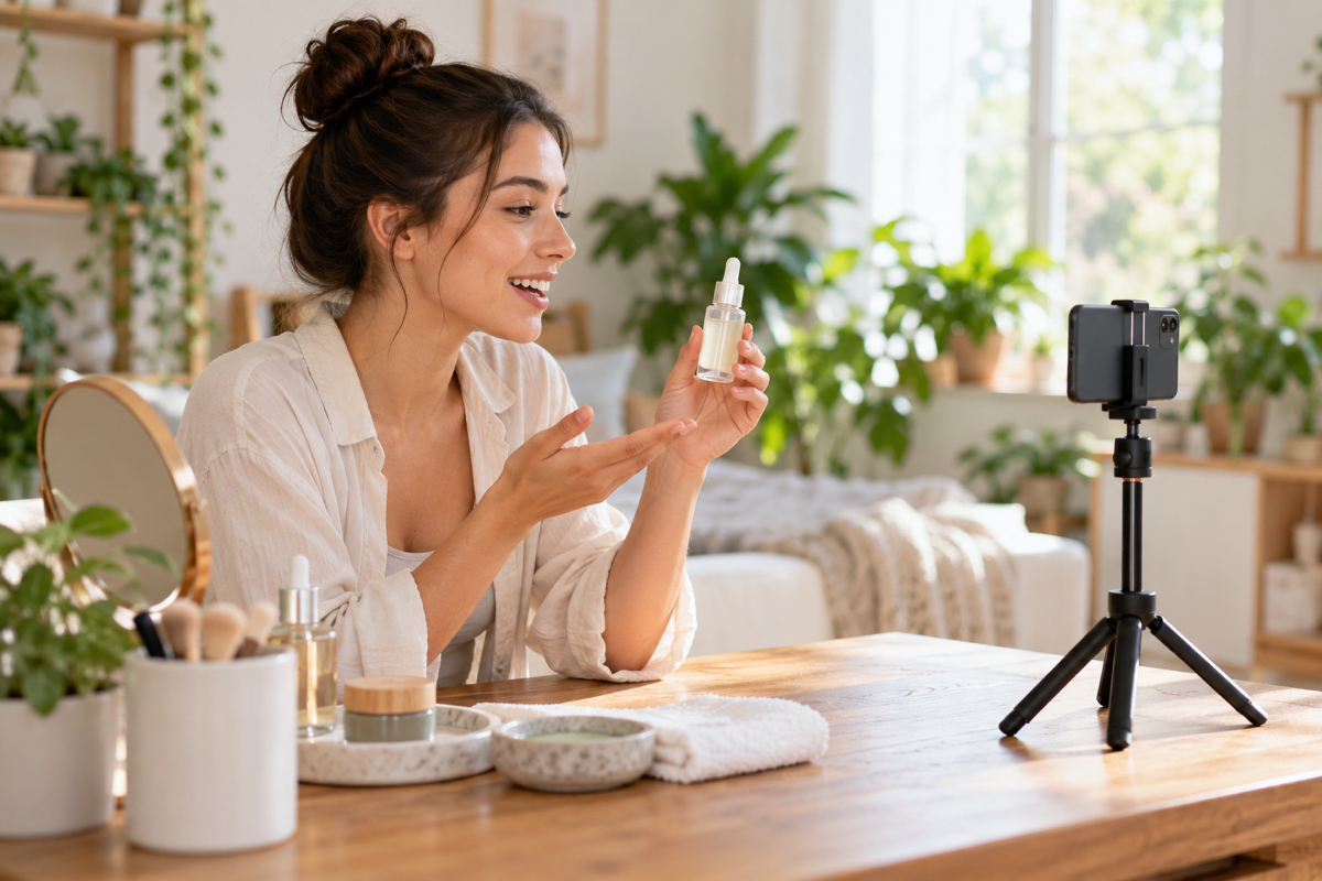 Creator filming a skincare routine to market a skincare dropshipping store