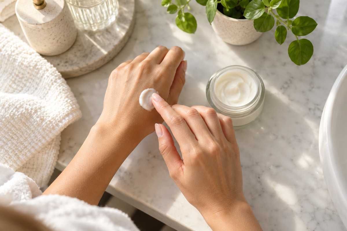 Hands applying skincare cream, representing a skincare dropshipping product in use