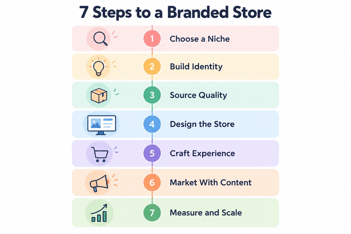 Infographic listing the seven steps to build a branded dropshipping store