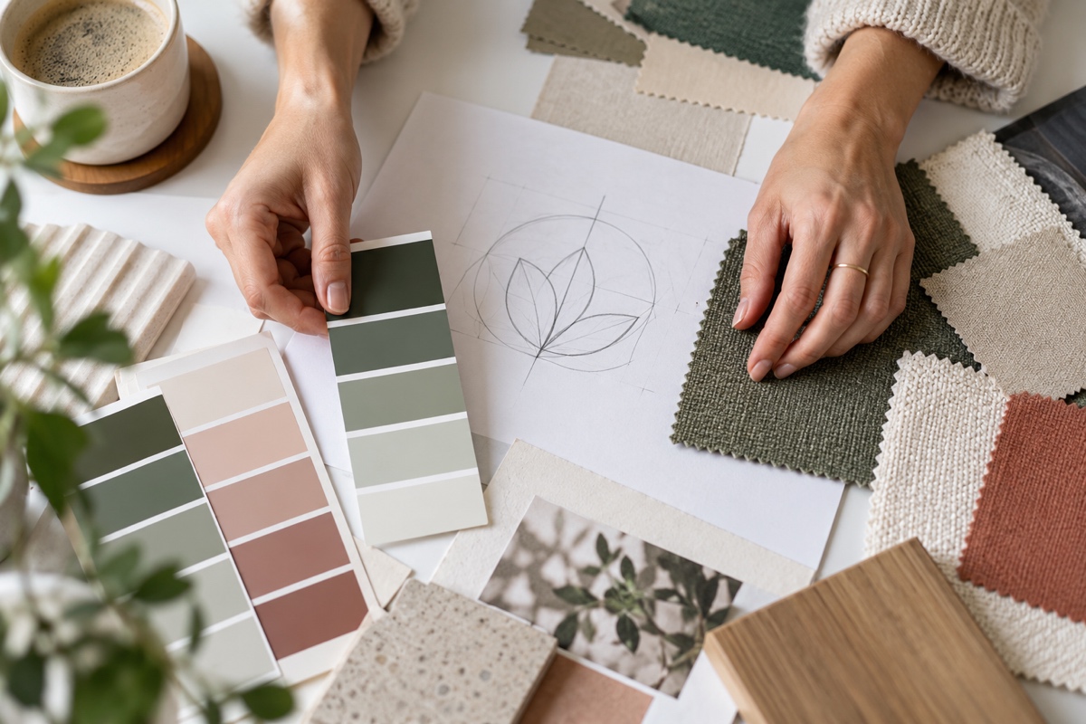 Designer arranging swatches and a logo sketch while building a branded dropshipping identity