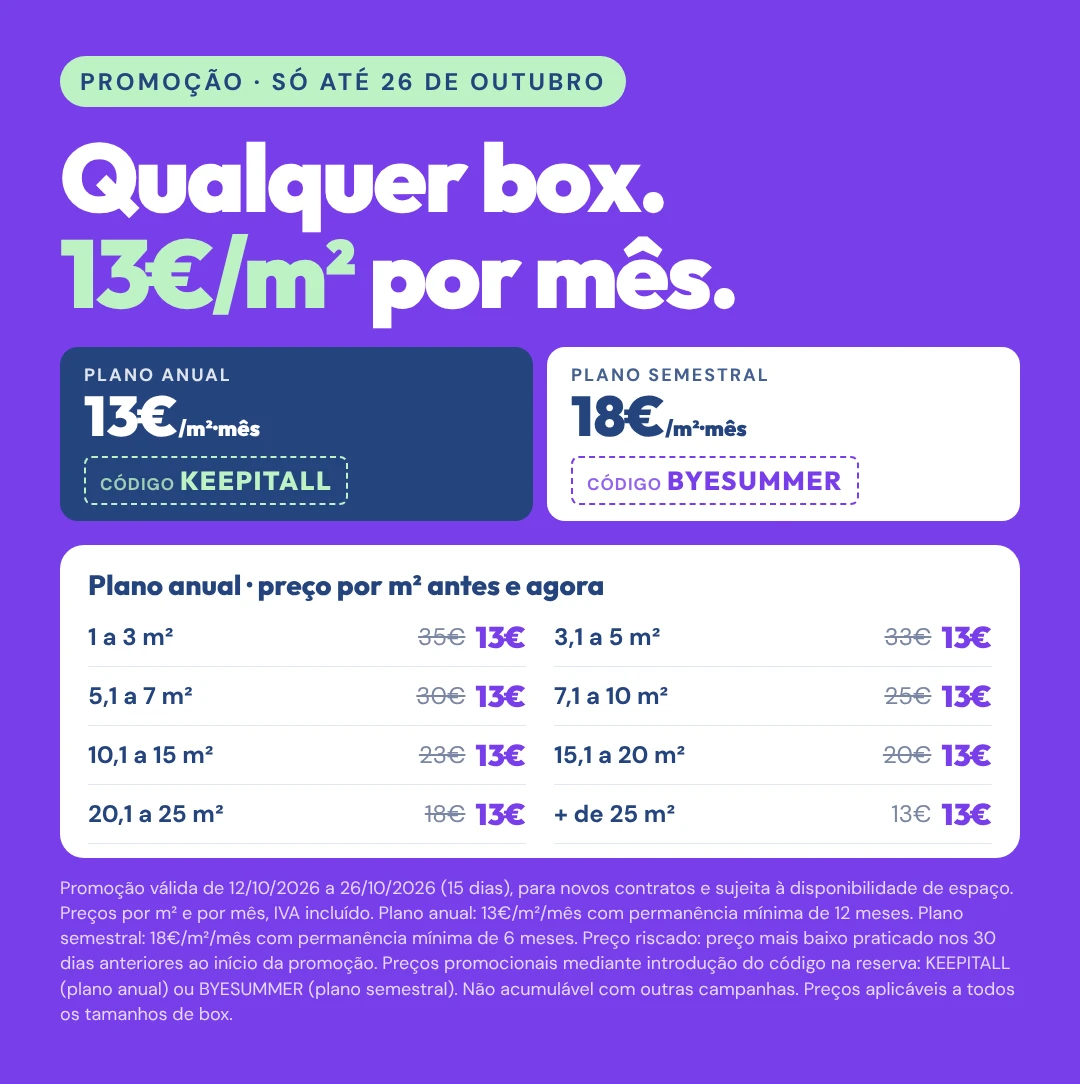 Promoção Keepwhat até 26 de outubro: qualquer box a 13€/m² por mês no plano anual, 18€/m² por mês no plano semestral.