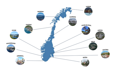 Norgeskart med oversikt over forsøkskommuner for det nasjonale Fritidskortet
