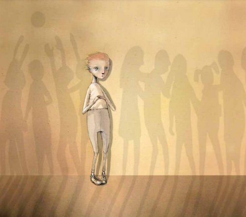 Illustrasjon: Et barn står alene i skyggene av barn som leker i fellesskap.