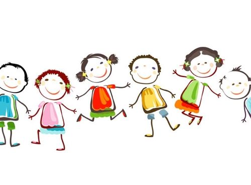 Illustrasjon: Barn i fargerike klær hopper og spreller på rad og rekke mot hvit bakgrunn