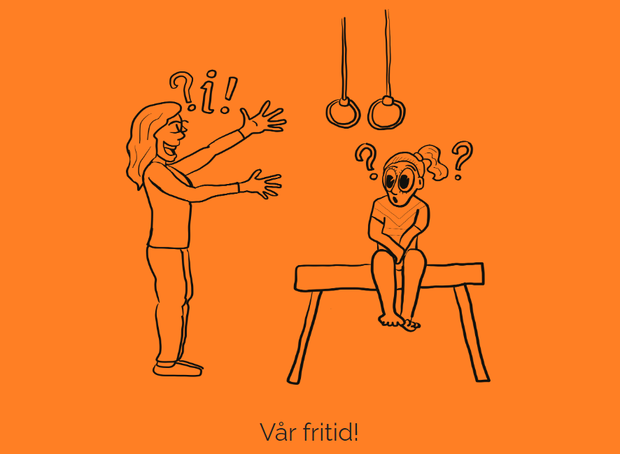 Illustrasjon av et barn og en voksen inne i en gymsal. Barnet er stille og passivt. Den voksne er aktiv og snakker. 