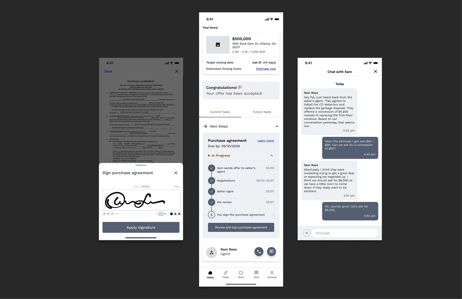 Three mobile app screens showing signing in-app, milestones and chat.