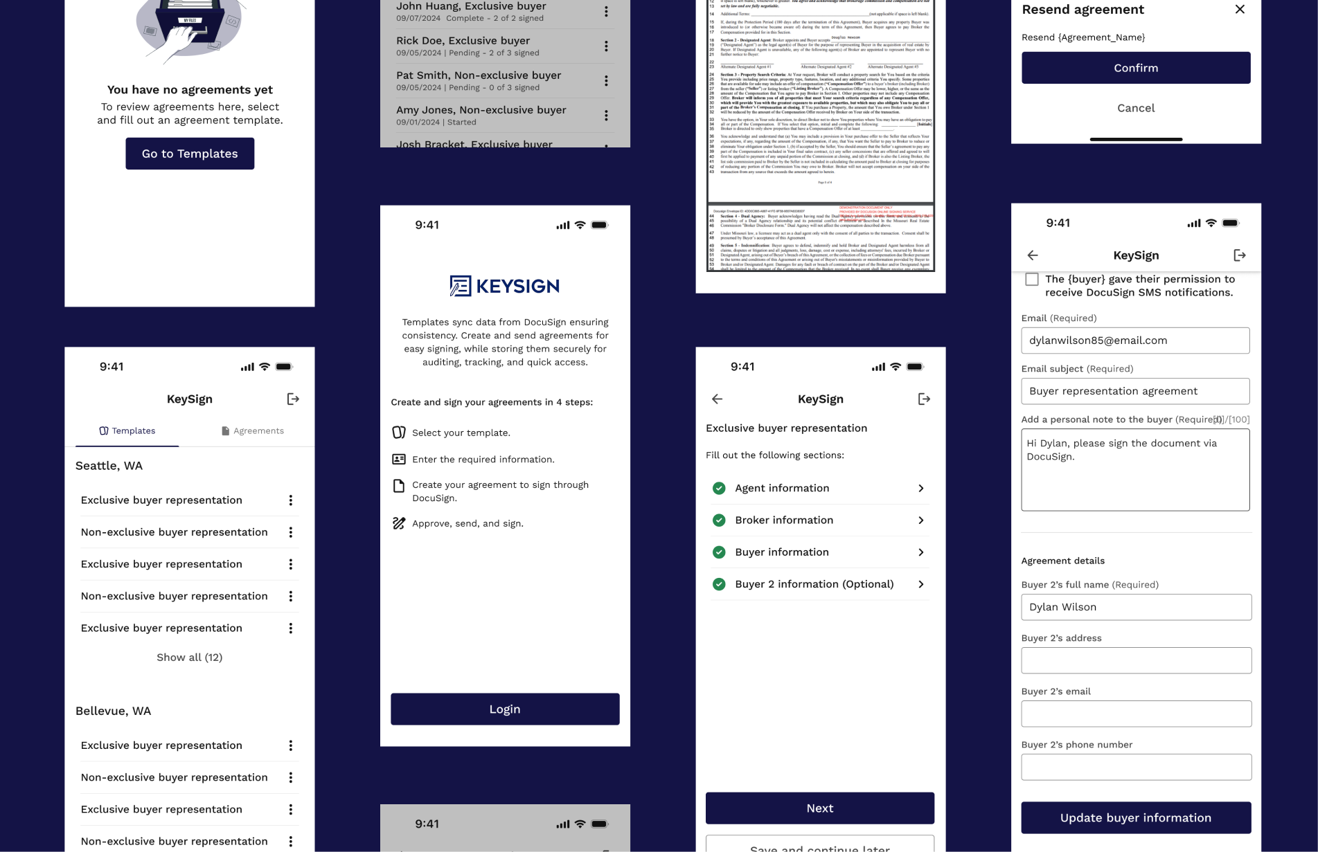 Set of mobile screens staggered showing main designs for keysign 