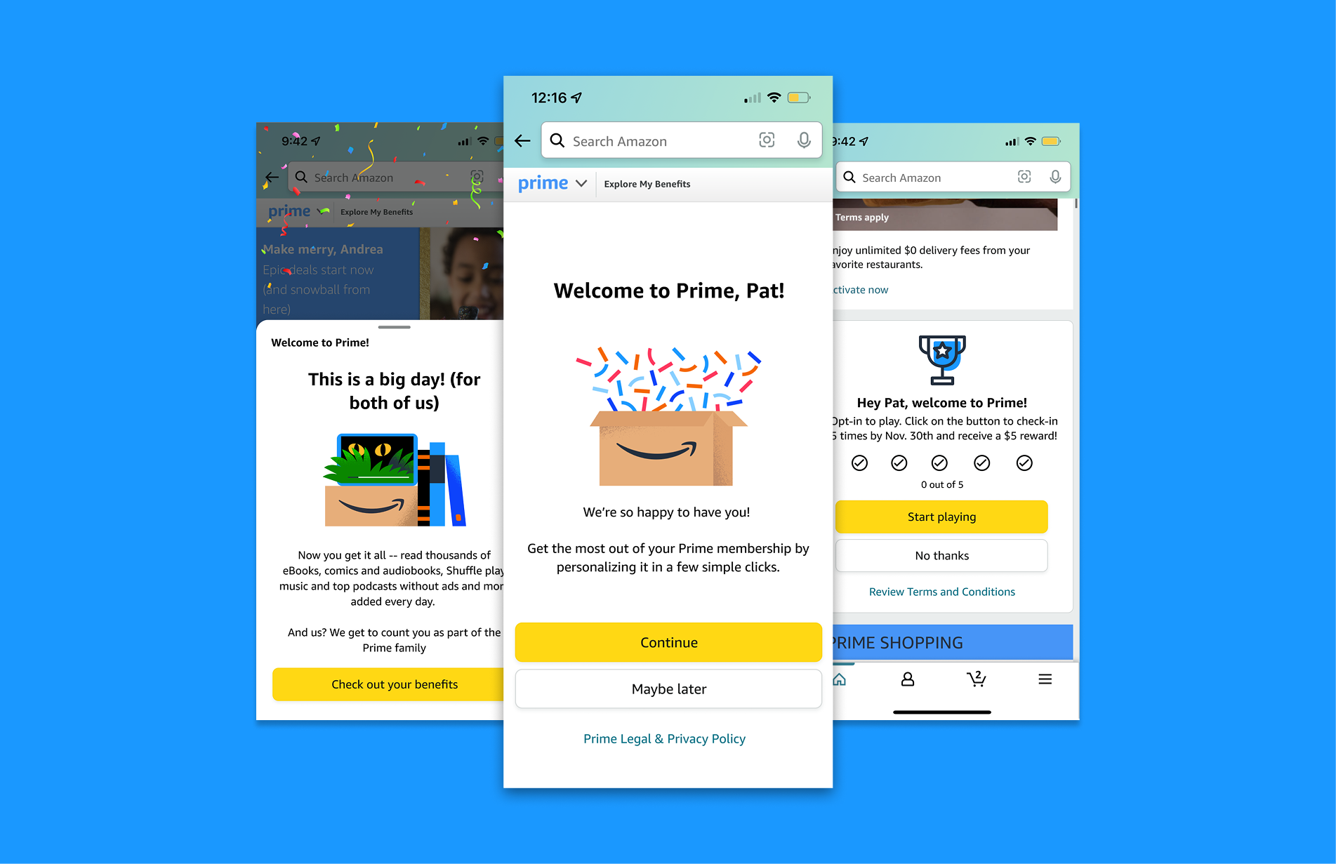Three mobile app screens showing, personalized onboarding experience