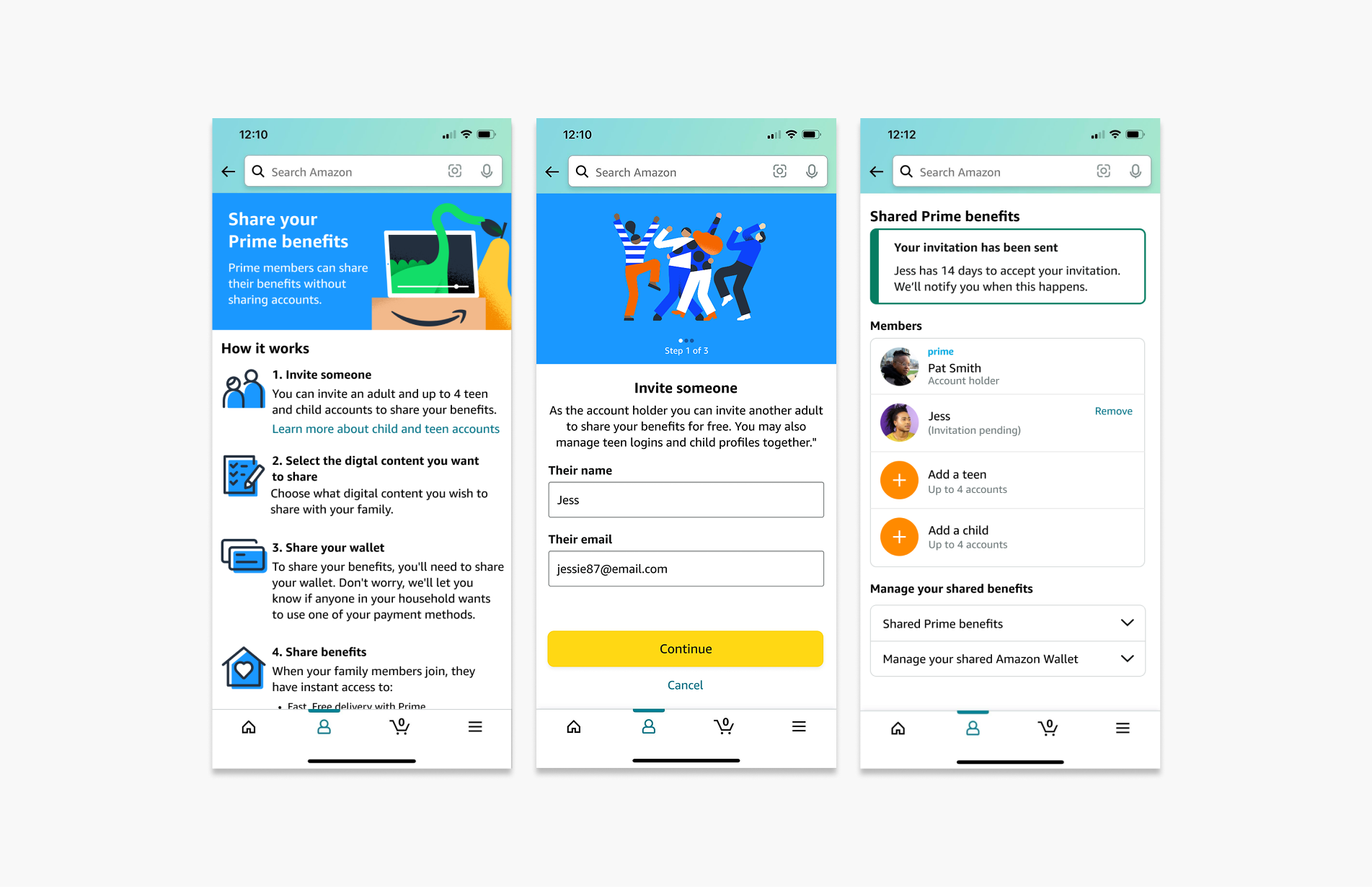Three mobile app screens showing my new approach to inviting an adult to your Prime Household