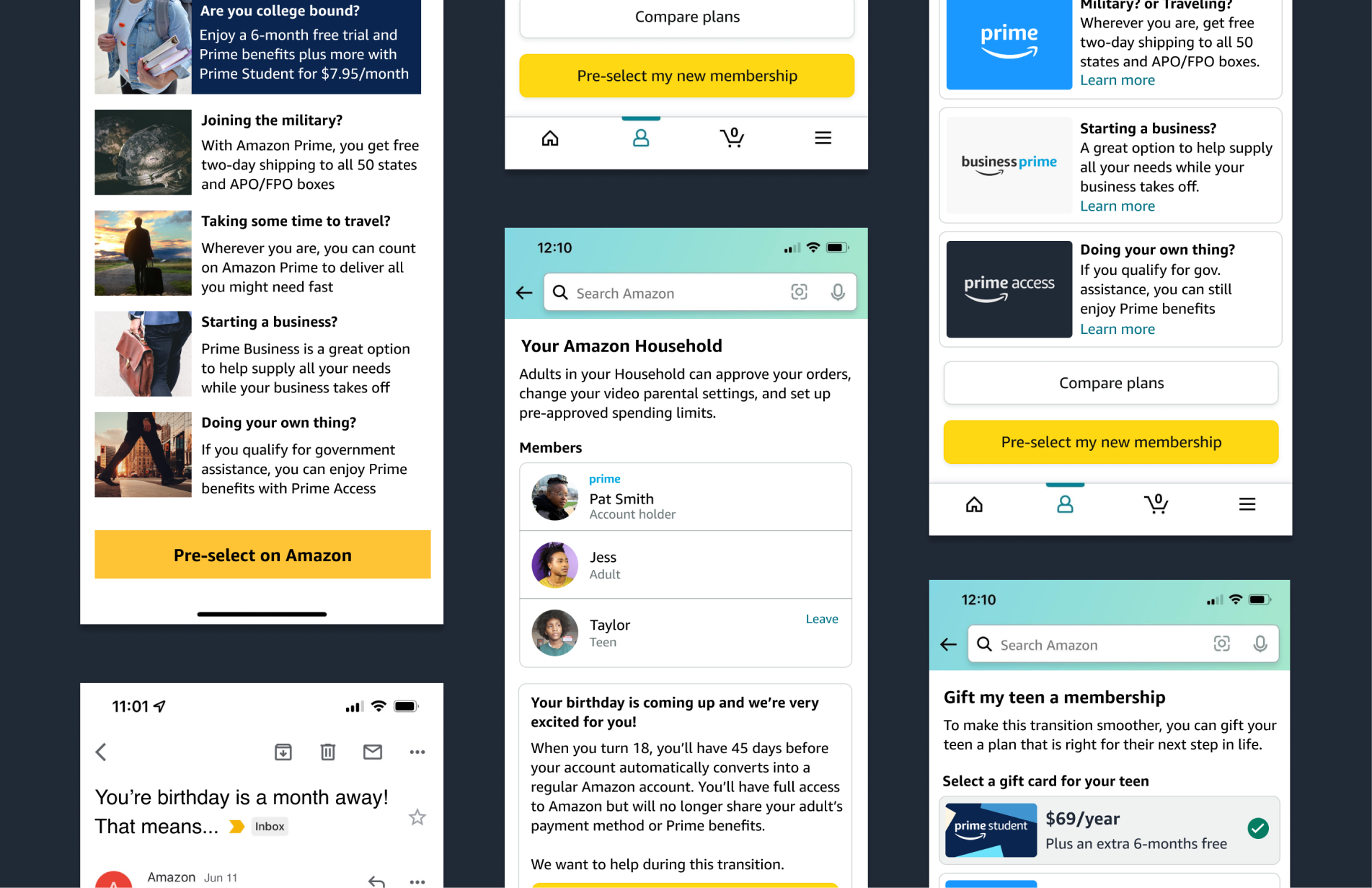 A collection of staggered mobile app screens showing teen transition options 