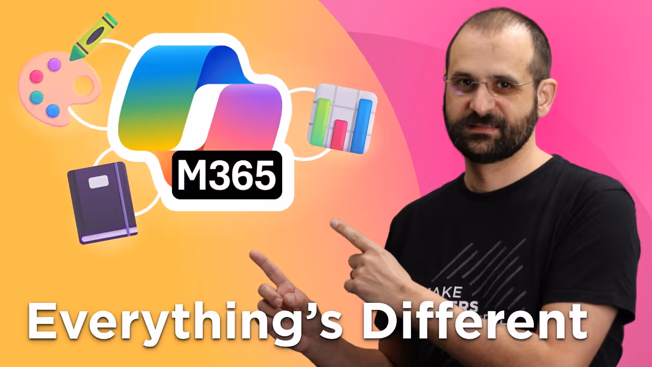 youtube thumbnail of person pointing at m365 icon saying everything is different