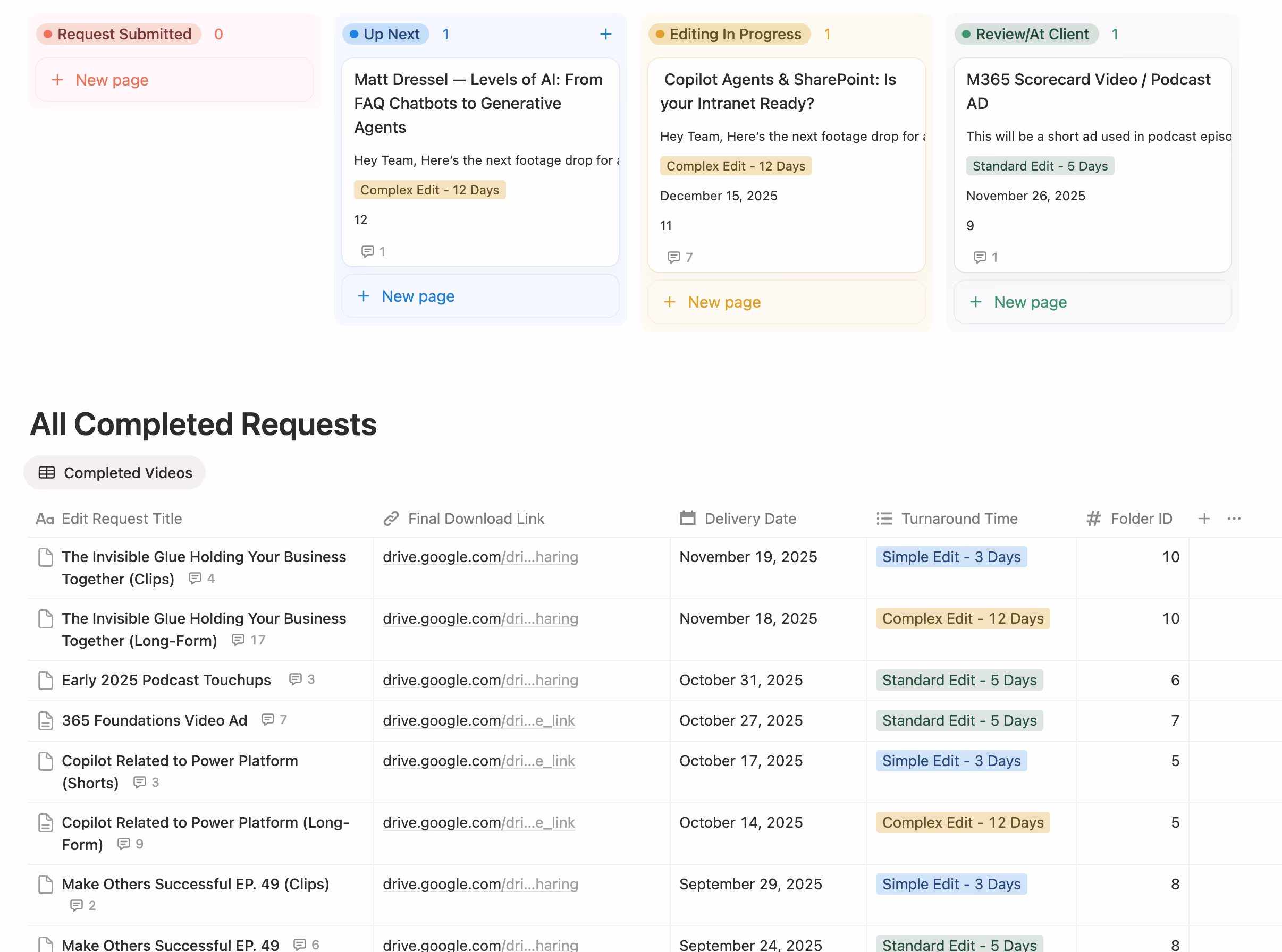 client portal showing edit requests in the queue and completed