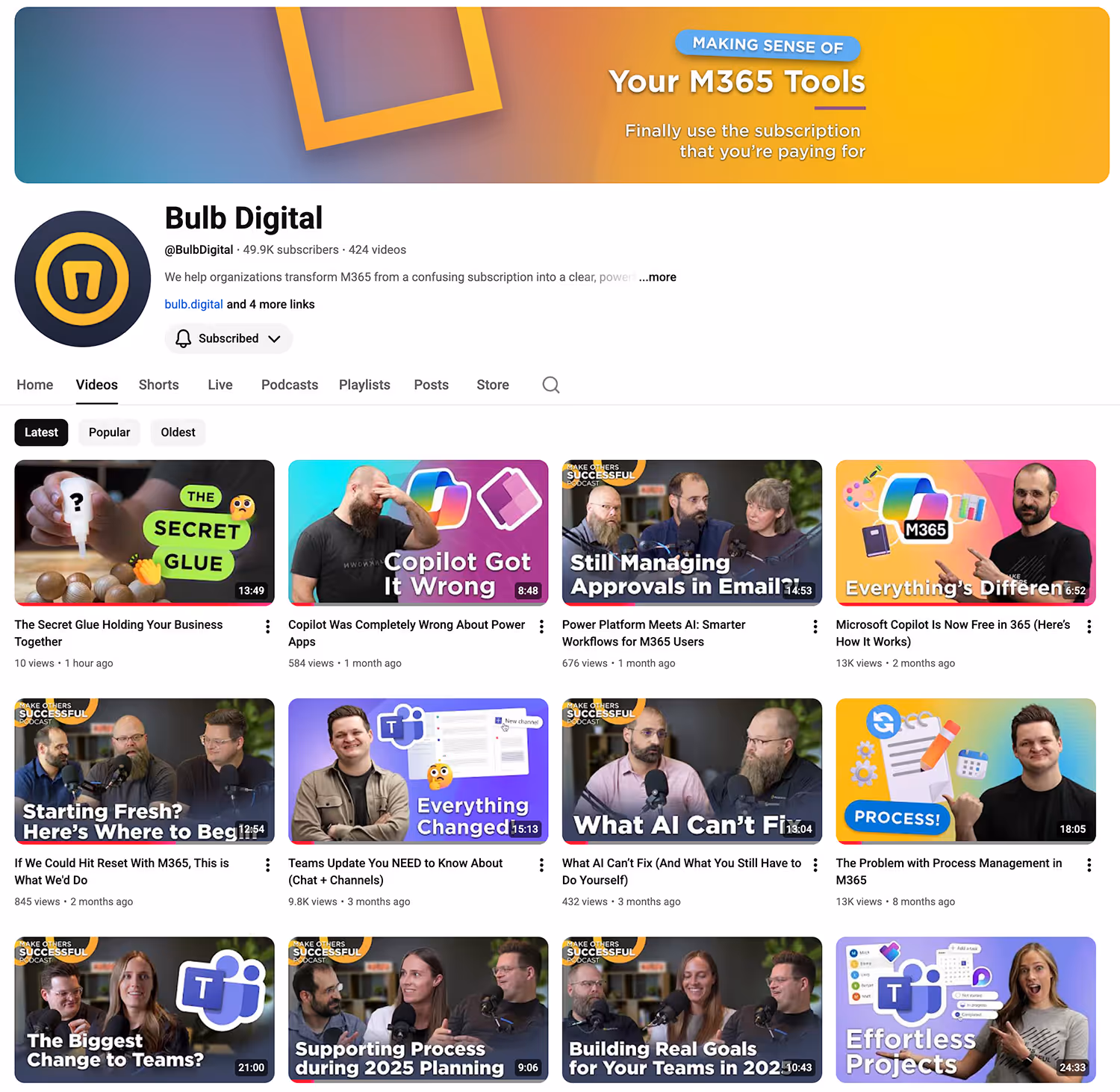 screenshot of Bulb Digital Youtube channel with 12 videos showing