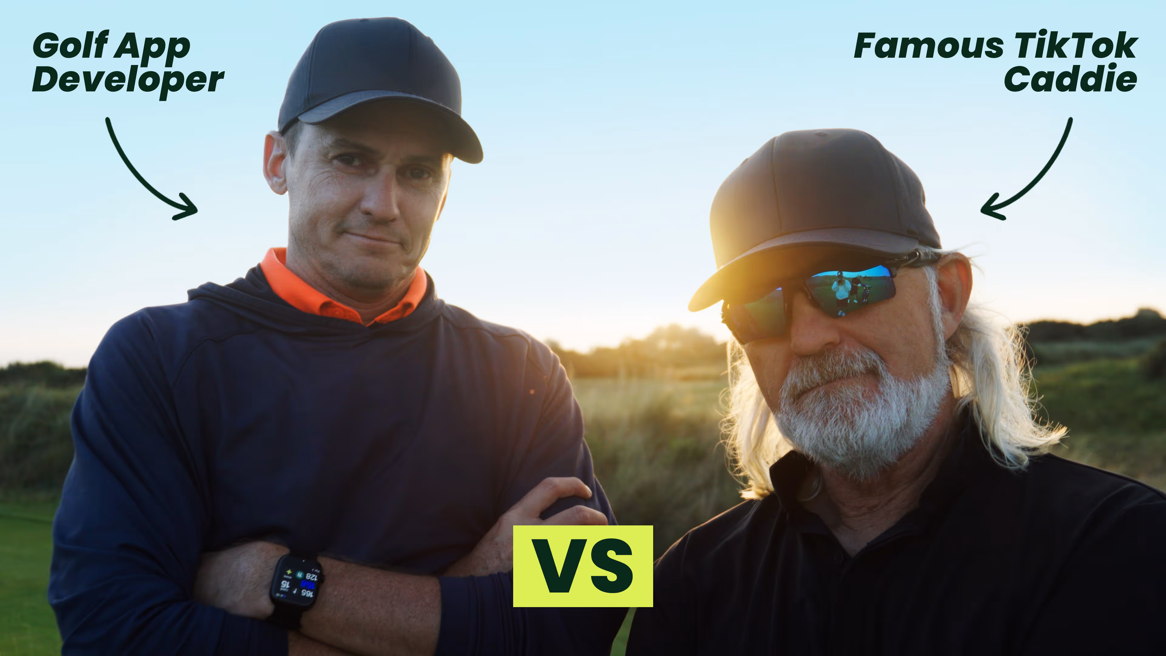 youtube thumbnail of two golfers looking at camera with versus between them