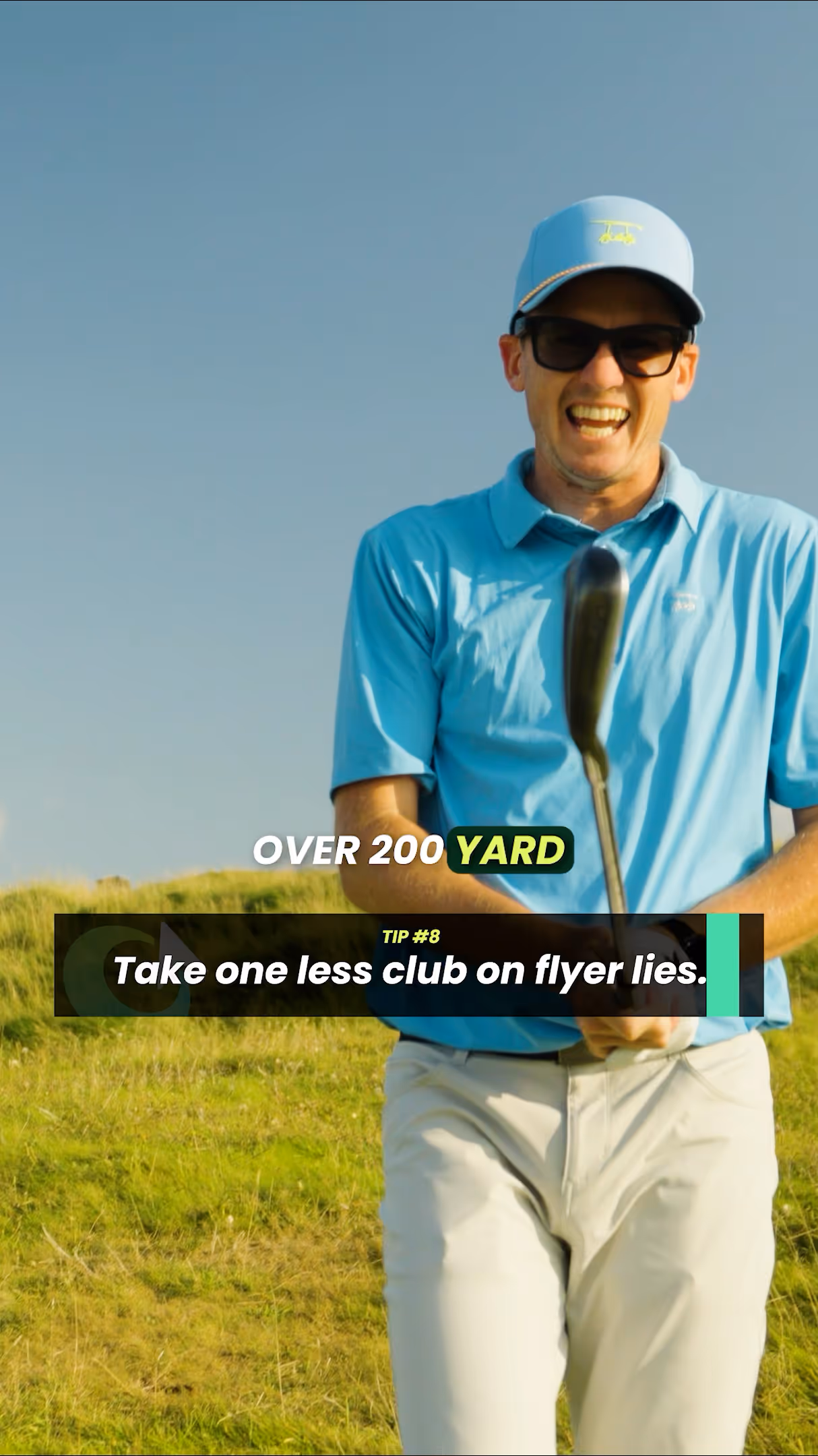 golfer smiling after hitting 200 yard 8 iron flier lie