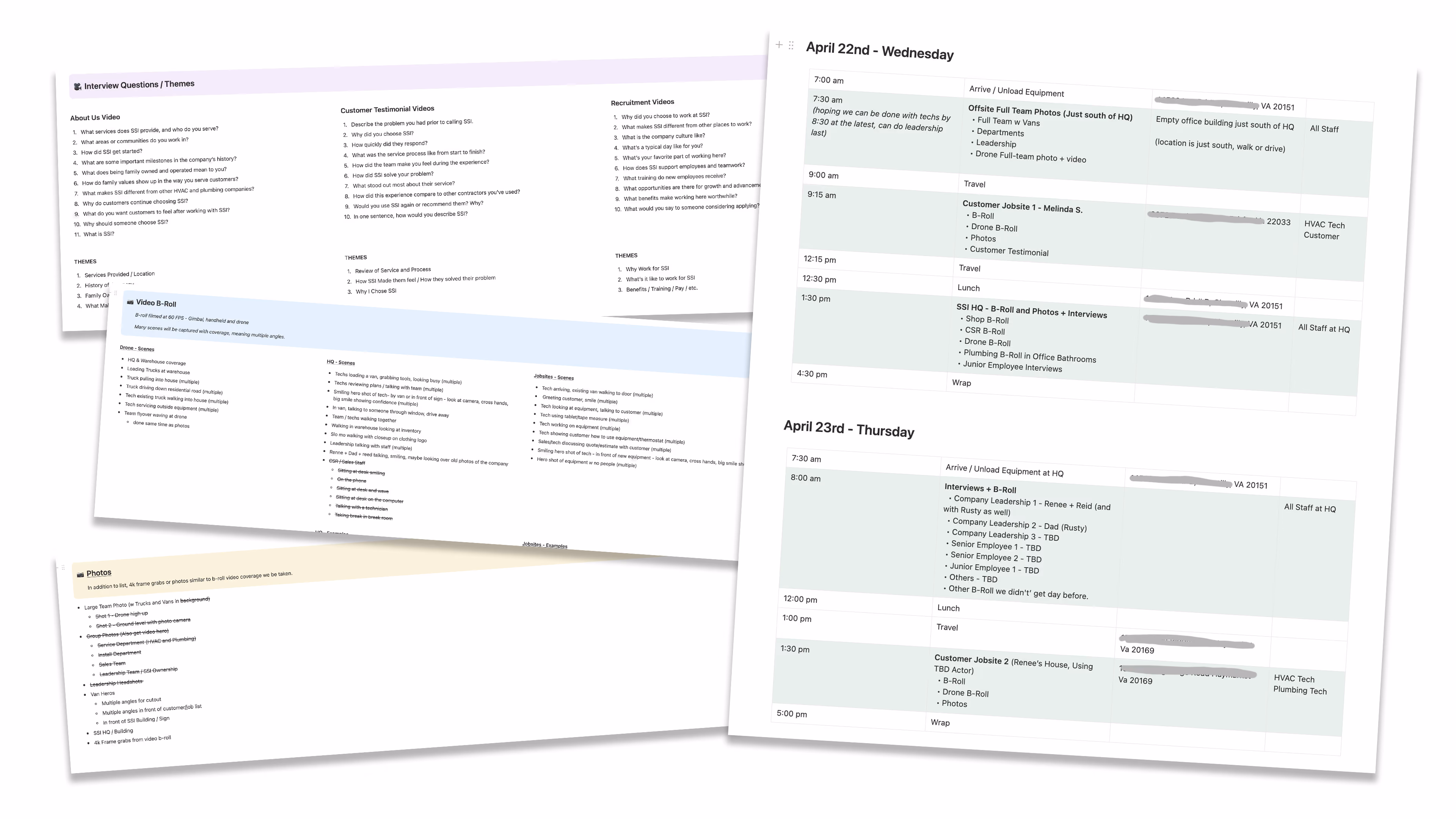 Filming session planning documents