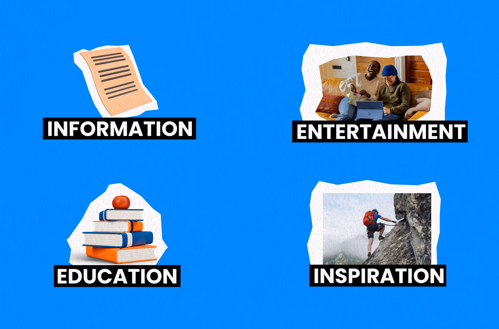 Graphic showing what value is in video - information, entertainment, education or inspiration
