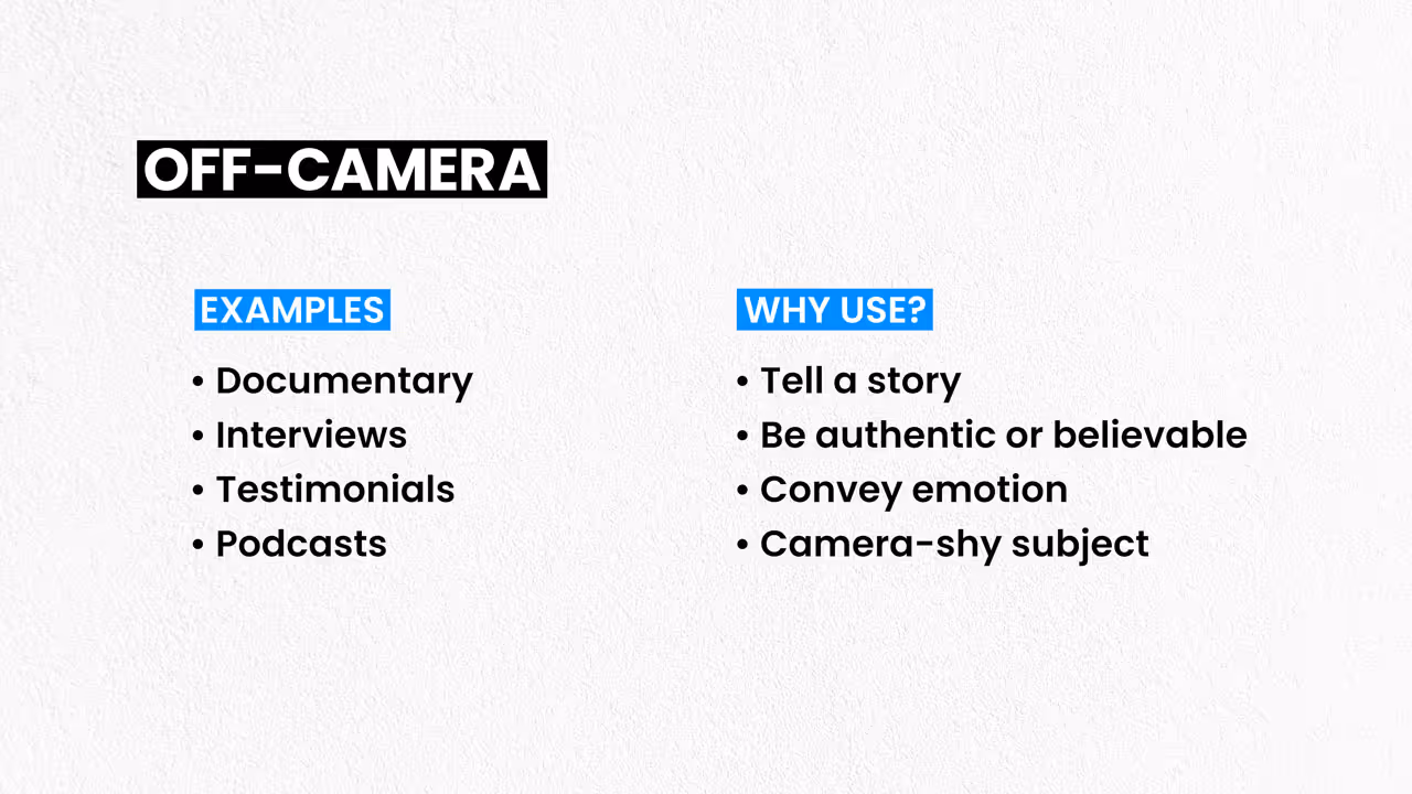 Graphic showing when to use Off-Camera filming techniques