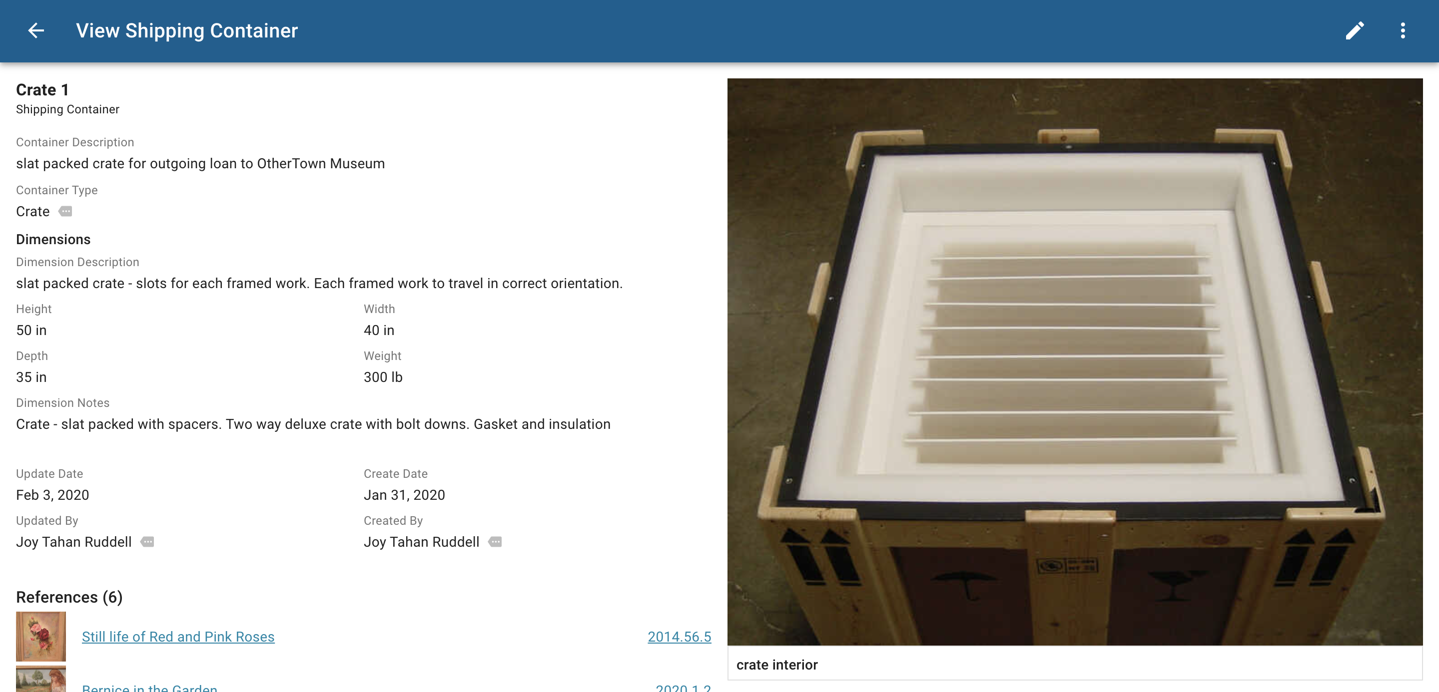CatalogIt entry for a shipping container designed for transporting framed artwork.