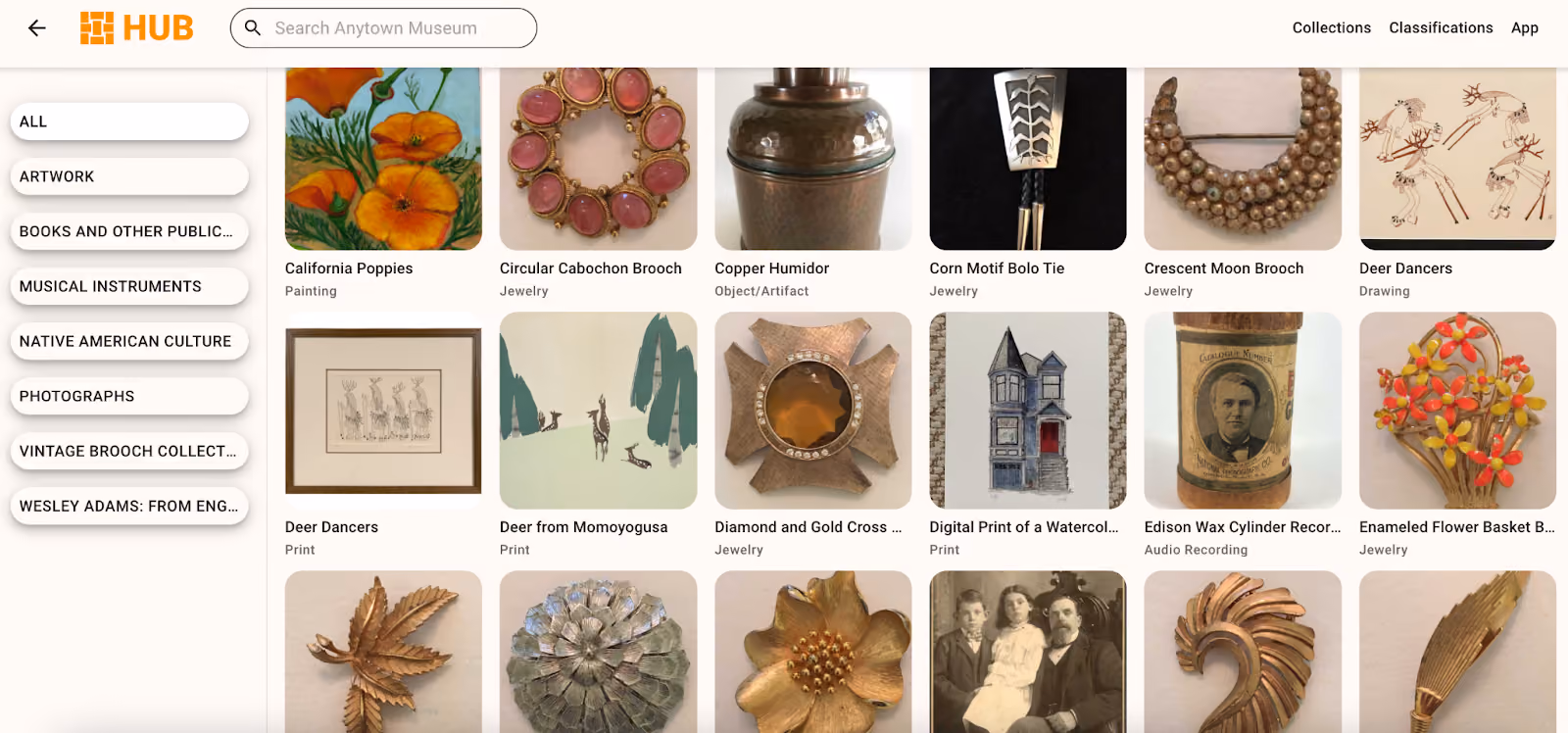CatalogIt HUB interface displaying a museum's collection.