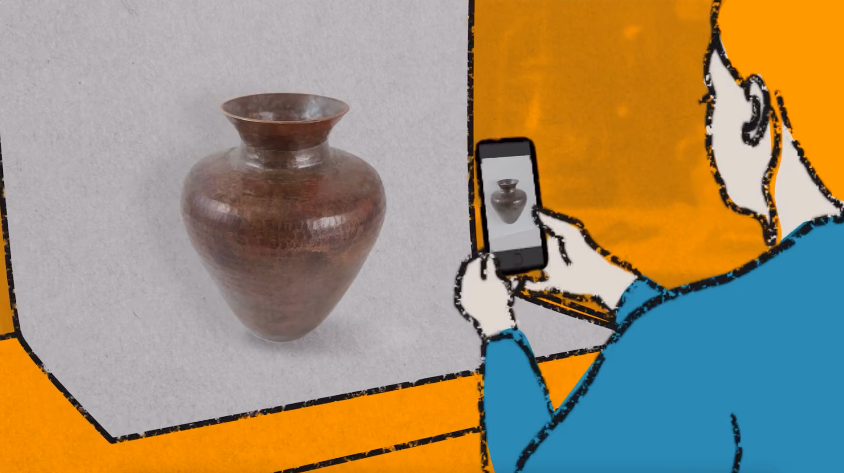 Stylized illustration of a person photographing a hammered copper vase with a smartphone.