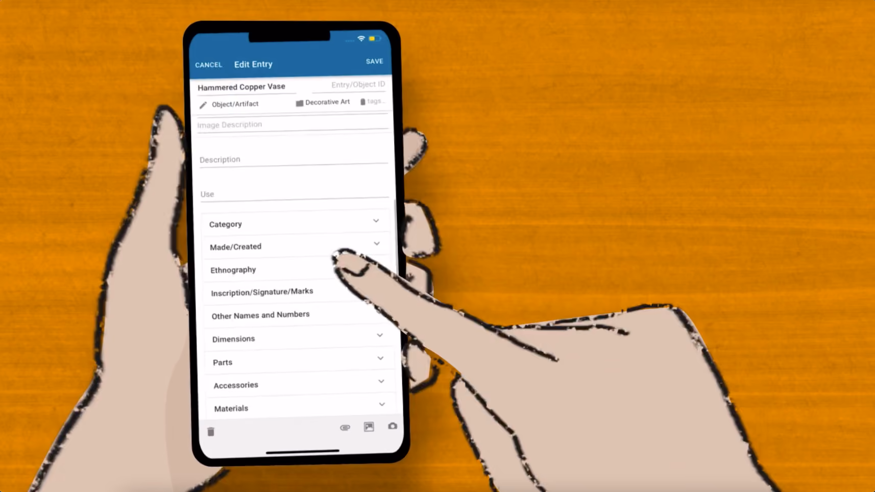 Stylized illustration of a hand interacting with a CatalogIt entry of a hammered copper vase on a cell phone.