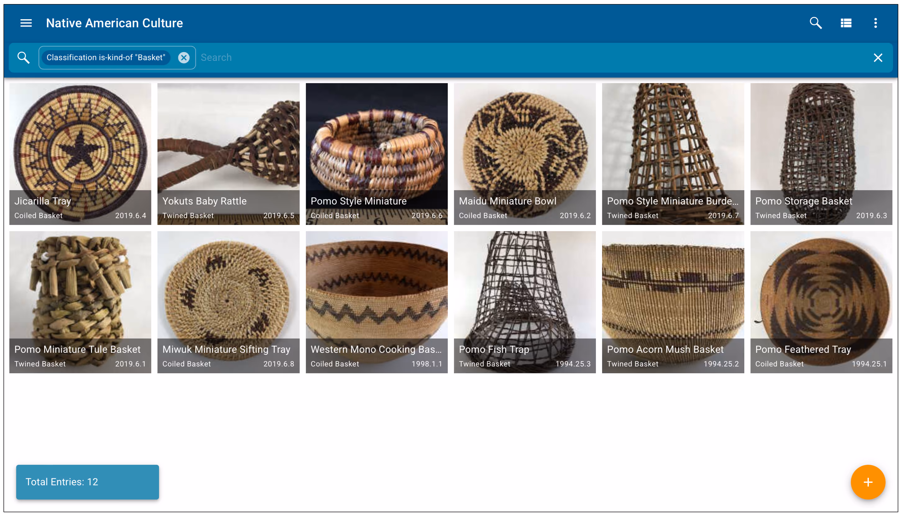 CatalogIt HUB interface displaying a collection of Native American baskets.