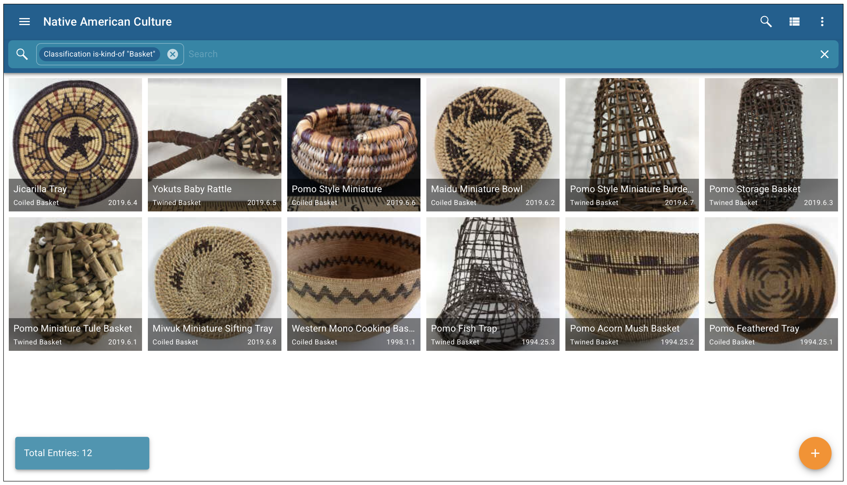 CatalogIt HUB interface displaying a collection of Native American baskets.