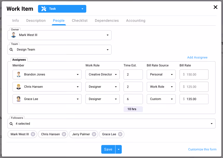 Screenshot of a project management tool interface displaying task assignment details including owner, team members, work roles, estimated time, and bill rates for multiple assignees.