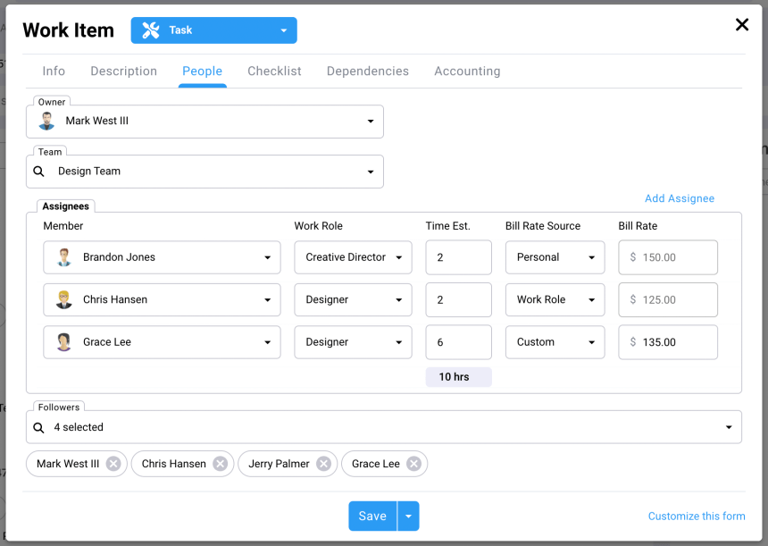 Screenshot of a project management tool interface displaying task assignment details including owner, team members, work roles, estimated time, and bill rates for multiple assignees.