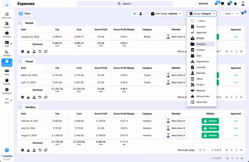 A user interface displaying a table of expenses categorized by Rental, Travel, and Vendors, with details such as date, fee, cost, gross profit, and approval status.
